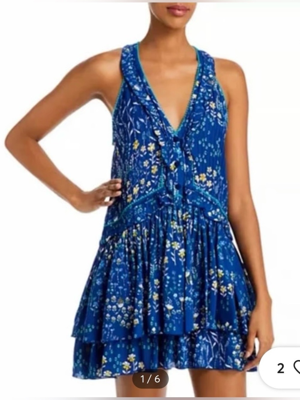 Poupette St Barth Dress M Blue Flower Tiered Ruffle Boho Romantic